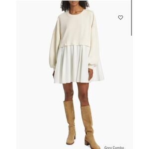 Free People Eleanor Ivory Sweatshirt Pleated Long Sleeve Mini Dress Size XS